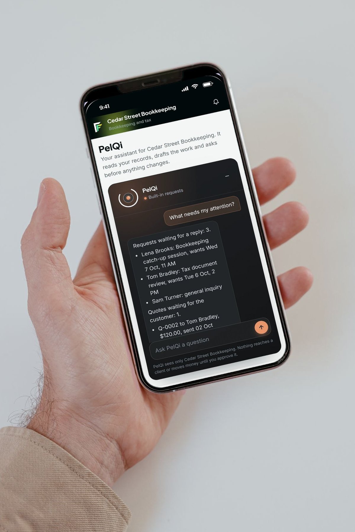 A hand holding a phone showing PelQi inside Fortis Fountain for a demo bookkeeping firm, answering what needs attention: three requests waiting for a reply and a quote waiting for the customer
