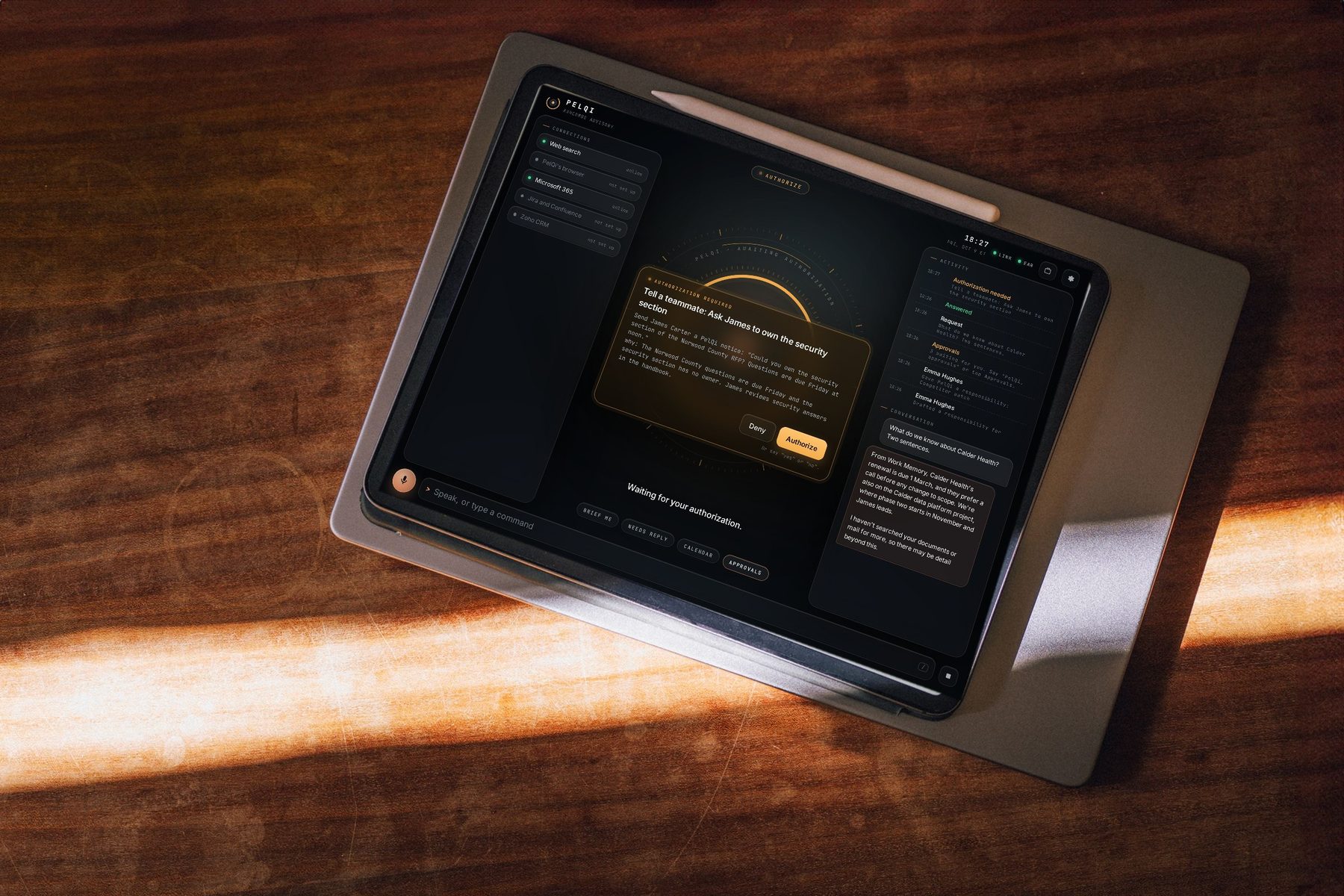 An iPad on a sunlit desk showing PelQi Work by voice: the PelQi eye, an answer from Work Memory, and an approval waiting for Authorize or Deny