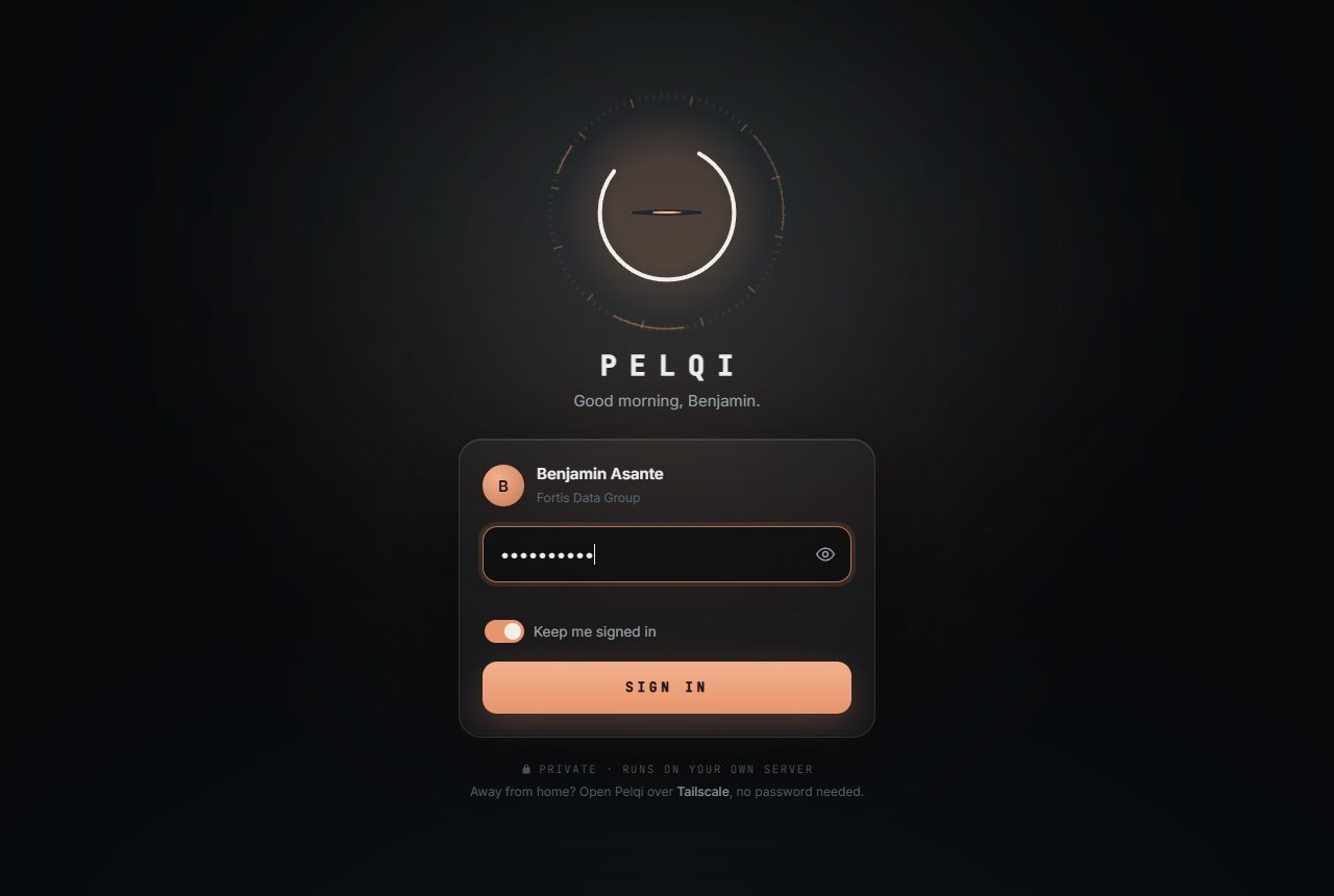 The Pelqi sign-in page; the eye closes while a password is typed